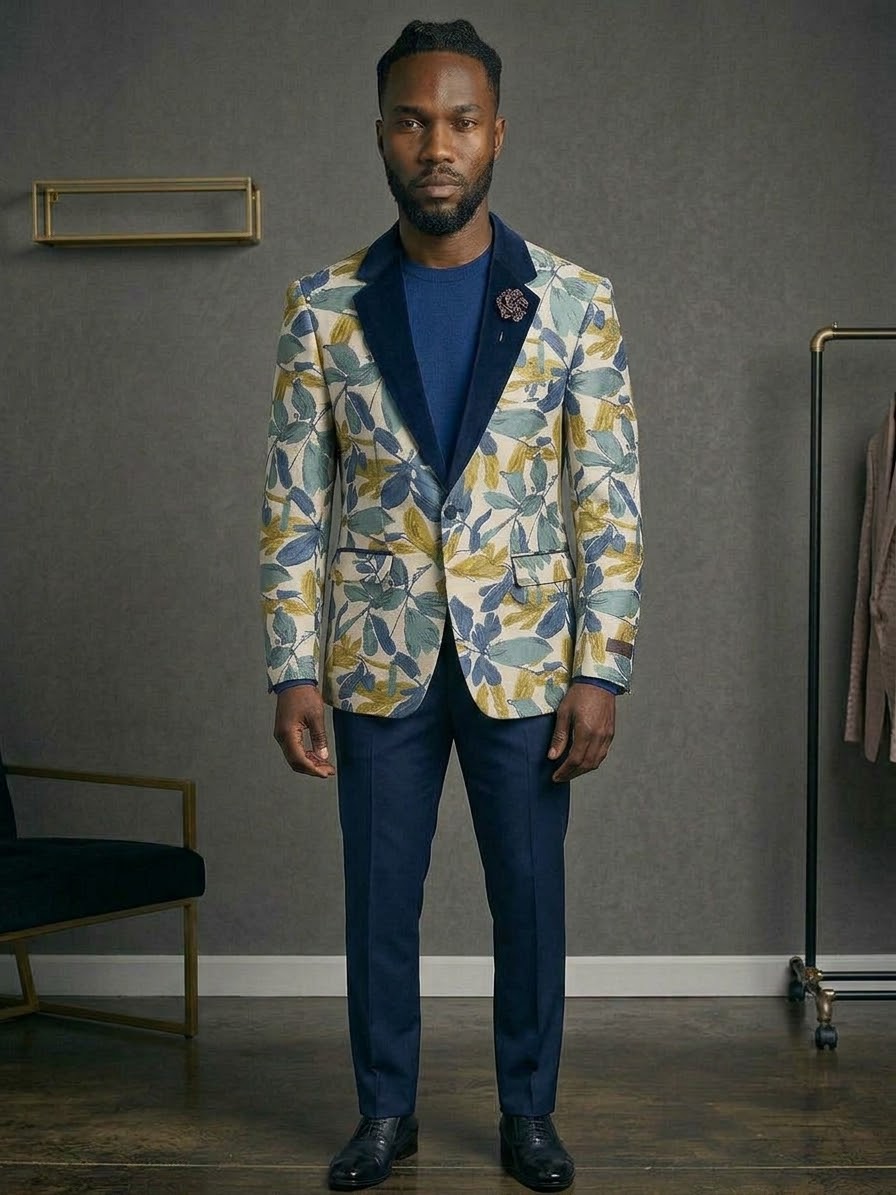 A man wears the EJ SAMUEL Jacket 21 Size 40R indoors. Final sale—no exchanges or returns. Gray wall, black chair, and clothing rack in background.
