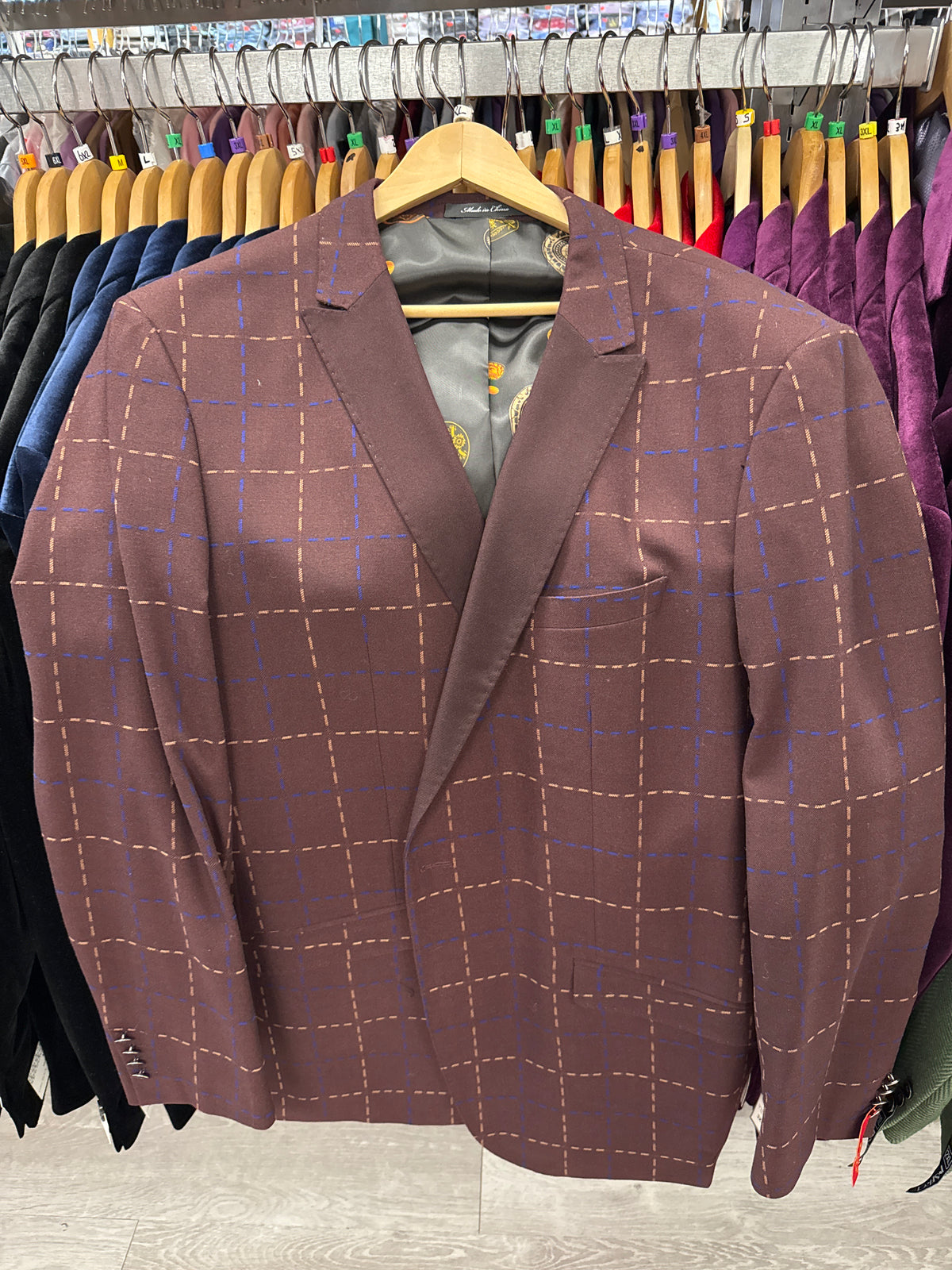 Inserch Blazer 559 Burgundy (FINAL SALE) (SIZE 3XL ONLY) in a burgundy color with a blue and tan dashed grid pattern, hanging on a wooden hanger.