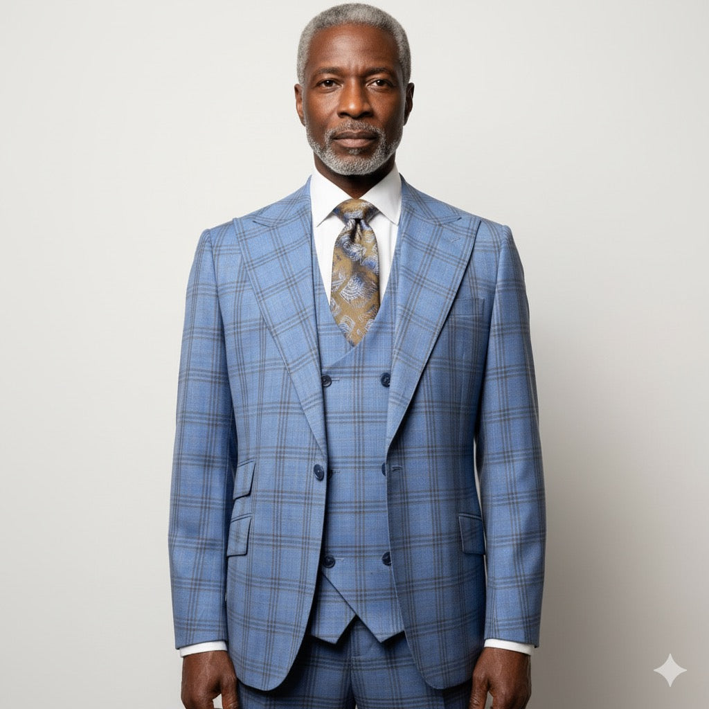 A mannequin dressed in a Tiglio Rosso Orvietto Blue/Tan Windowpane TL6371 suit, featuring a three-piece design made from 100% wool with a patterned tie, set against a neutral background.