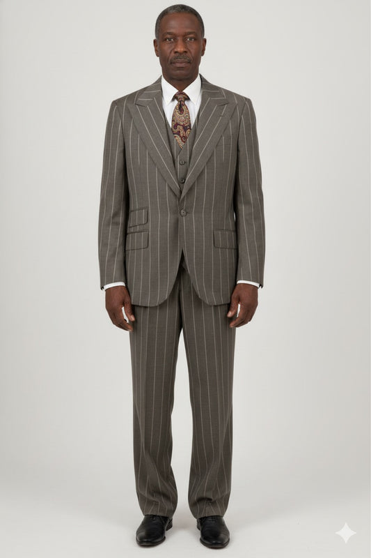 The Tiglio Rosso Orvietto Taupe Pinstripe Semi Wide Leg TL5065 suit, made from 100% wool, includes a single-breasted jacket and matching trousers, stylishly presented on a white backdrop.