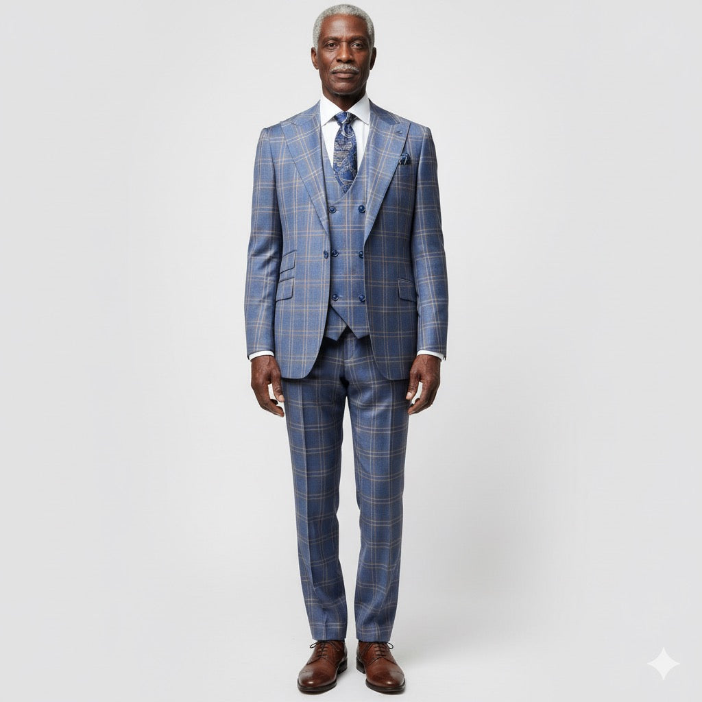 A mannequin displays the Tiglio Rosso Orvietto Blue / Light Brown TL6349 three-piece suit, crafted from 100% wool, with a paisley tie against a neutral background.