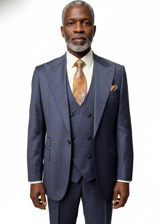 A man wearing a Tiglio Rosso Orvietto Blue with Brown Plaid and Rust Windowpane TL8101A semi wide leg suit stands against a plain white background.