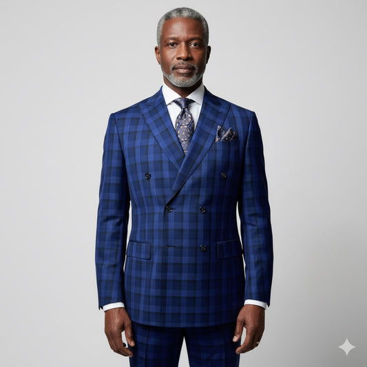 Displayed against a marble wall, the mannequin is dressed in the Tiglio Luxe PISTOIA Double Breasted TL7501 jacket by Tiglio, featuring a modern fit blue plaid design made from Super 150's wool, and complemented by a patterned tie and pocket square.