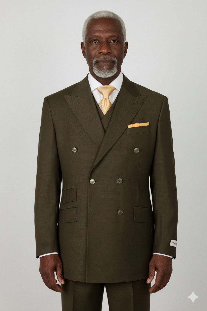A mannequin showcases the exquisite Tiglio Rosso DB Este Solid Olive suit from the renowned Tiglio Rosso collection, featuring a dark olive double-breasted design. Made from 100% wool, it comes with a coordinating vest and is beautifully accessorized with a light orange tie and pocket square.