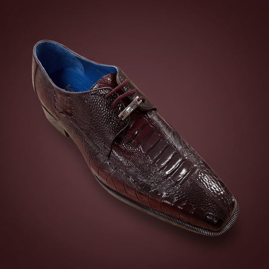A single BELVEDERE Belvedere Shoe 4 in burgundy and black with a textured finish and square toe, size 9 only, displayed on a wooden surface in-store. FINAL SALE—NO RETURN, NO EXCHANGE.
