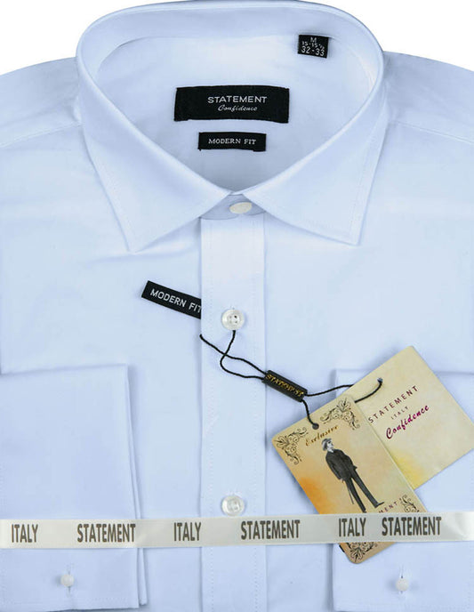 This cotton dress shirt, labelled as a "Modern Fit," is distinguished by its sophisticated French cuffs. The packaging includes a silhouette illustration and prominently features the "Statement" branding along with the word "Italy.