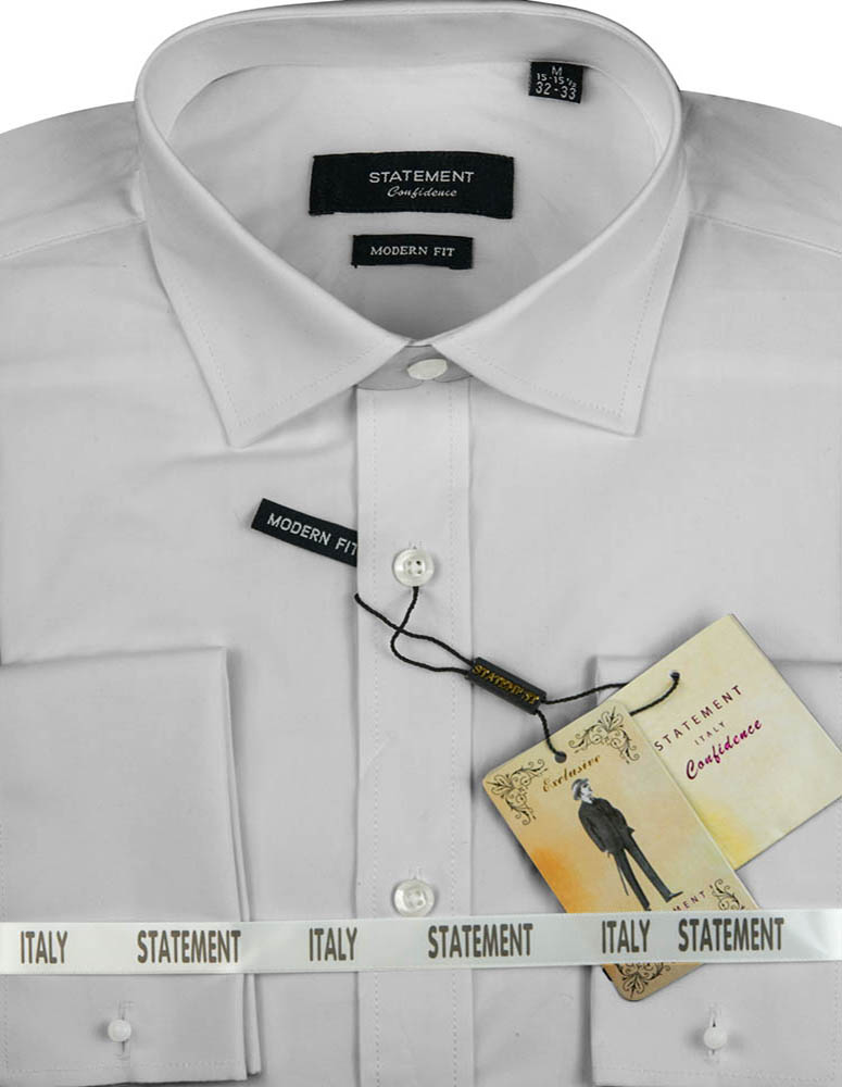 Gray long-sleeve cotton dress shirt with tags labeled "Modern Fit," "Statement Clothing," and "Italy," featuring elegant French cuffs.