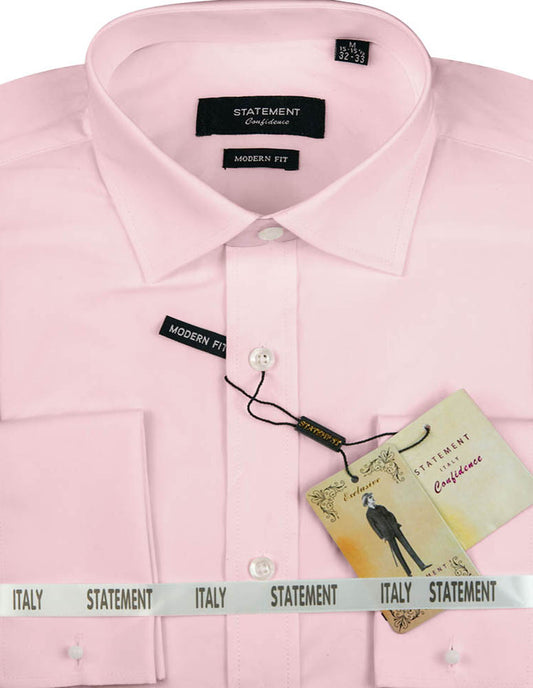 Introducing the Pink Cotton French Cuff Dress Shirt FCS-100-PINK by Statement Clothing. This "Modern Fit" shirt comes with tags, featuring a stylish collar and button details. It is crafted from 100% cotton and beautifully folded for an elegant look.