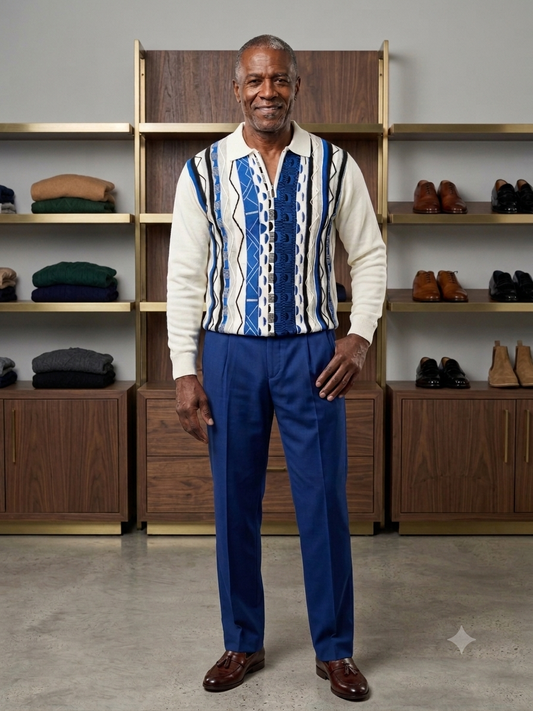 A man stands indoors wearing the Unique Design Menswear Suslo Couture Half Zip Sweater FP204 and blue trousers, with wooden shelves holding folded clothes and shoes in the background.