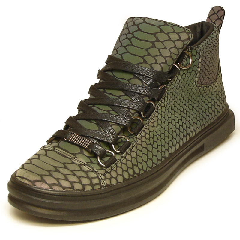 The FI-2252 Black Multi Color Print Casual High Top Sneaker Boot Encore by Fiesso features a striking reptile-inspired pattern, black sole and laces, and is crafted from quality vegan leather—an eye-catching choice for men’s fashion.