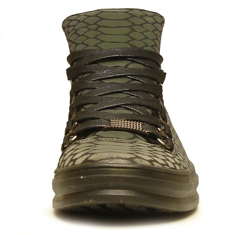 The FI-2252 Black Multi Color Print Casual High Top Sneaker Boot Encore by Fiesso features a striking reptile-inspired pattern, black sole and laces, and is crafted from quality vegan leather—an eye-catching choice for men’s fashion.