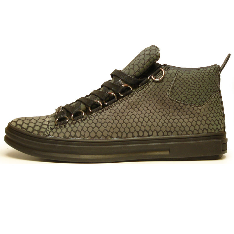 The FI-2252 Black Multi Color Print Casual High Top Sneaker Boot Encore by Fiesso features a striking reptile-inspired pattern, black sole and laces, and is crafted from quality vegan leather—an eye-catching choice for men’s fashion.
