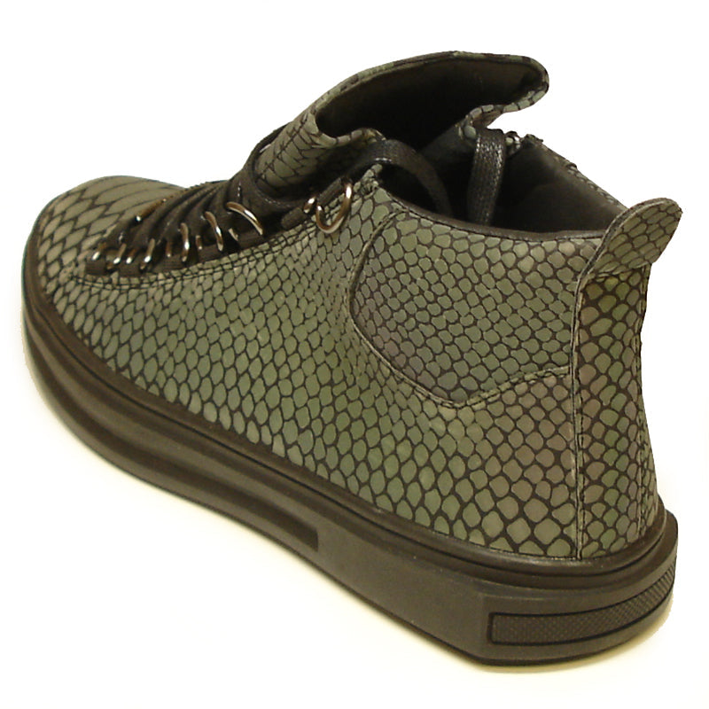 The FI-2252 Black Multi Color Print Casual High Top Sneaker Boot Encore by Fiesso features a striking reptile-inspired pattern, black sole and laces, and is crafted from quality vegan leather—an eye-catching choice for men’s fashion.