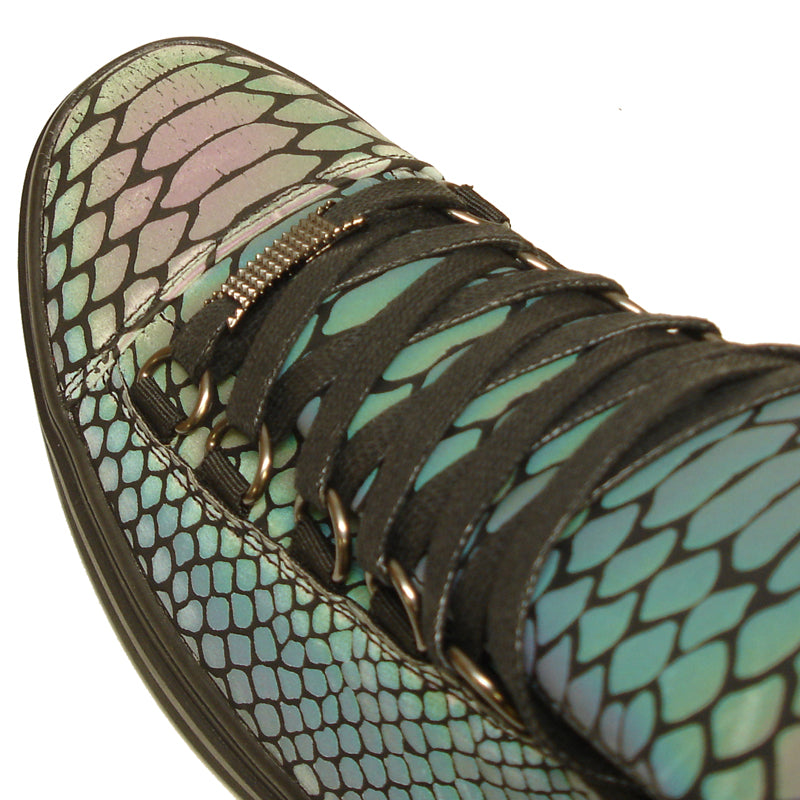 The FI-2252 Black Multi Color Print Casual High Top Sneaker Boot Encore by Fiesso features a striking reptile-inspired pattern, black sole and laces, and is crafted from quality vegan leather—an eye-catching choice for men’s fashion.