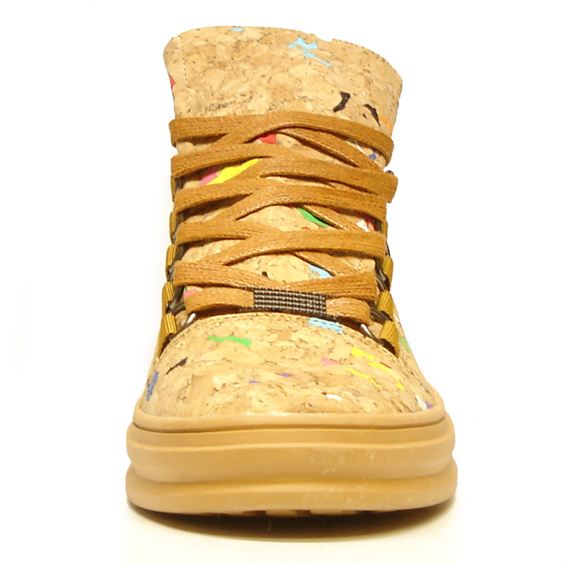 The FI-2254 Brown Casual High Top Sneaker Boot Encore by Fiesso features cork-textured vegan leather, yellow-brown laces, and colorful specks—eye-catching men's fashion sneakers set against a plain white background.