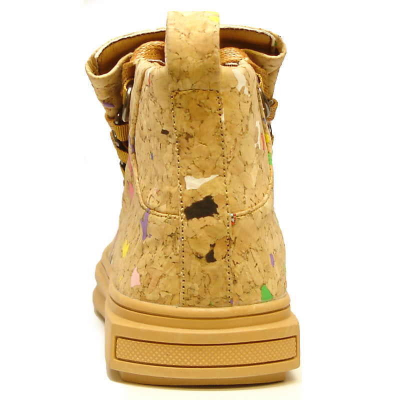 The FI-2254 Brown Casual High Top Sneaker Boot Encore by Fiesso features cork-textured vegan leather, yellow-brown laces, and colorful specks—eye-catching men's fashion sneakers set against a plain white background.