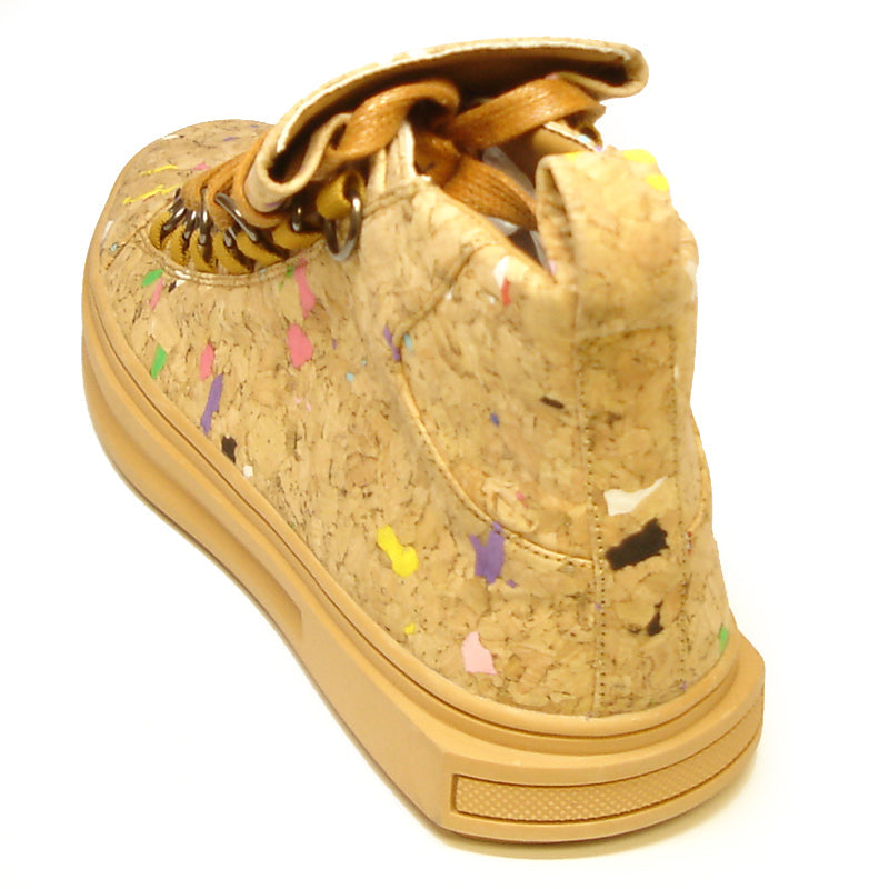 The FI-2254 Brown Casual High Top Sneaker Boot Encore by Fiesso features cork-textured vegan leather, yellow-brown laces, and colorful specks—eye-catching men's fashion sneakers set against a plain white background.