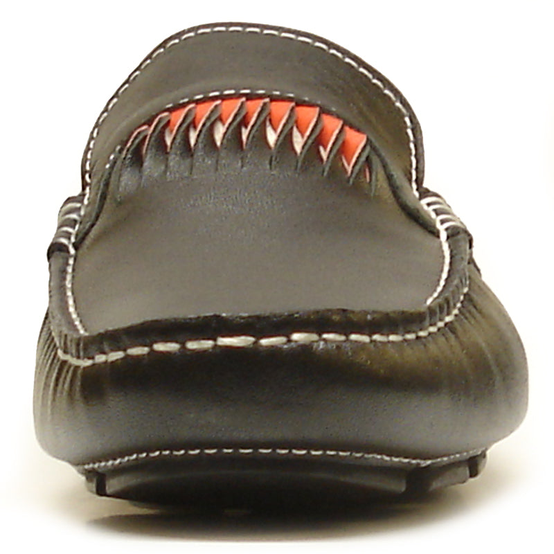 The FI-3085 Black Leather Encore by Fiesso Driving Shoes for men feature fashion-forward white stitching, red accents, and a bold zigzag design on the front upper. Crafted from genuine leather by Fiesso.