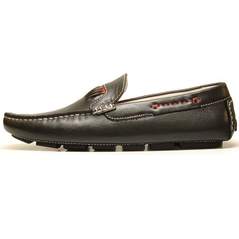 The FI-3085 Black Leather Encore by Fiesso Driving Shoes for men feature fashion-forward white stitching, red accents, and a bold zigzag design on the front upper. Crafted from genuine leather by Fiesso.