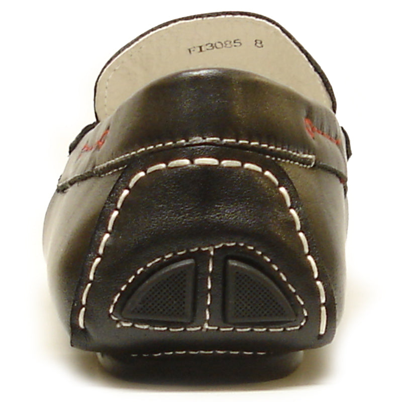The FI-3085 Black Leather Encore by Fiesso Driving Shoes for men feature fashion-forward white stitching, red accents, and a bold zigzag design on the front upper. Crafted from genuine leather by Fiesso.
