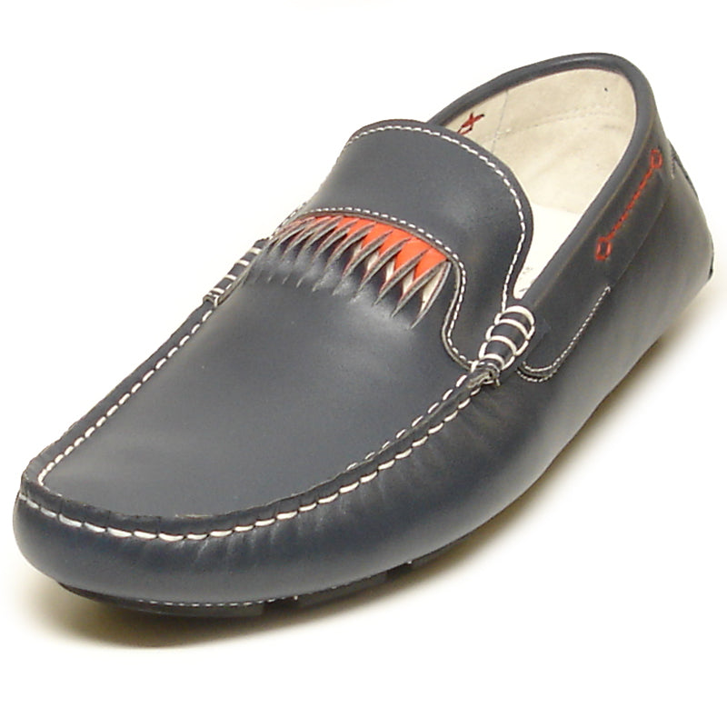The FI-3085 Navy Leather Encore by Fiesso Driving Shoes feature a dark blue leather upper with white stitching, orange and gray decorative patterns, and a white interior lining.