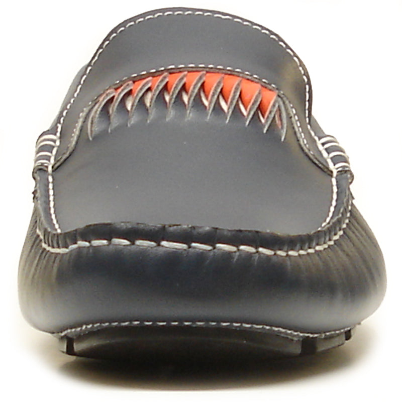 The FI-3085 Navy Leather Encore by Fiesso Driving Shoes feature a dark blue leather upper with white stitching, orange and gray decorative patterns, and a white interior lining.