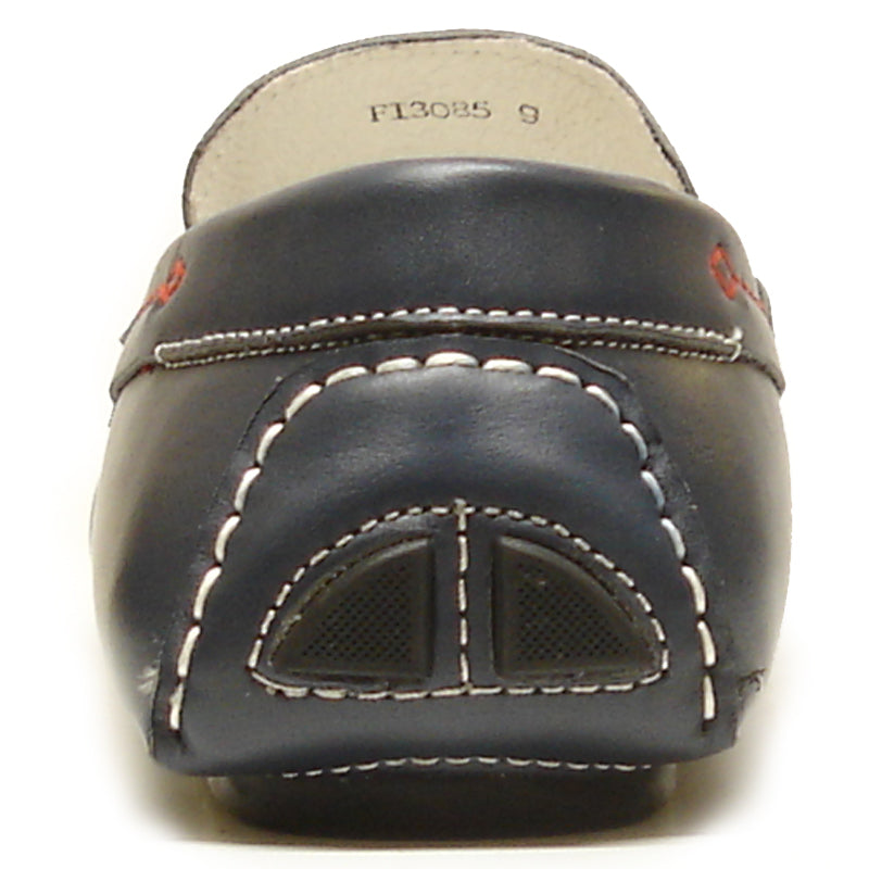 The FI-3085 Navy Leather Encore by Fiesso Driving Shoes feature a dark blue leather upper with white stitching, orange and gray decorative patterns, and a white interior lining.