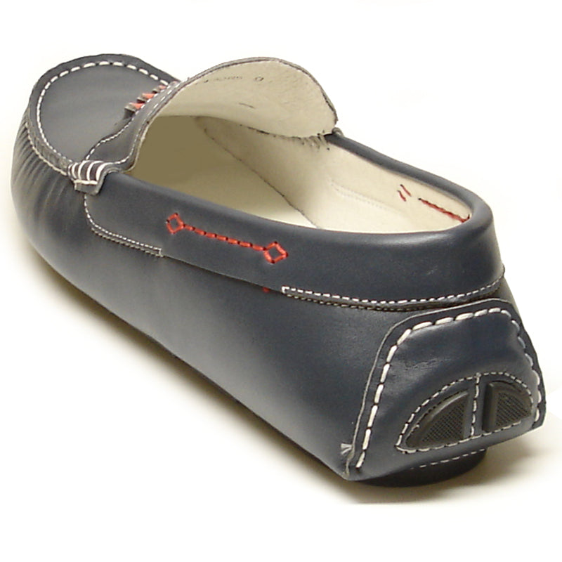 The FI-3085 Navy Leather Encore by Fiesso Driving Shoes feature a dark blue leather upper with white stitching, orange and gray decorative patterns, and a white interior lining.