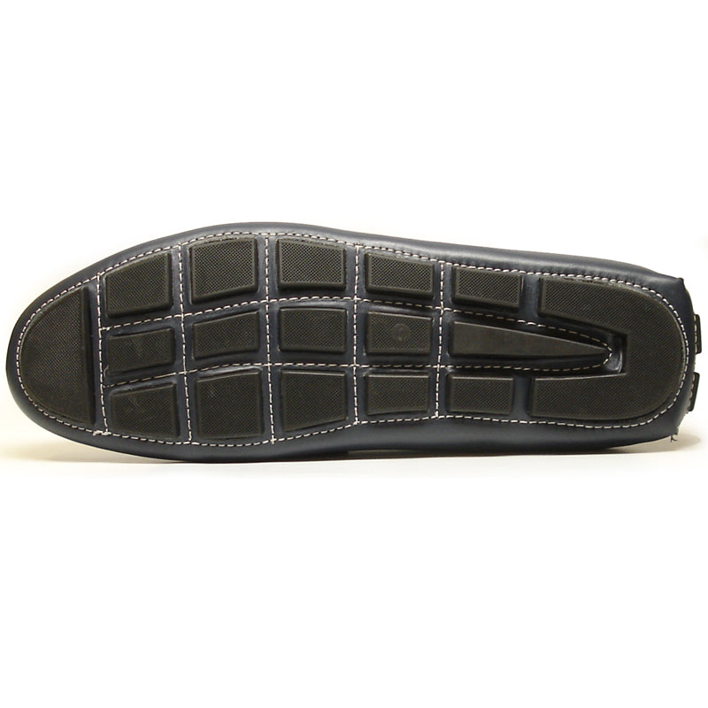 The FI-3085 Navy Leather Encore by Fiesso Driving Shoes feature a dark blue leather upper with white stitching, orange and gray decorative patterns, and a white interior lining.