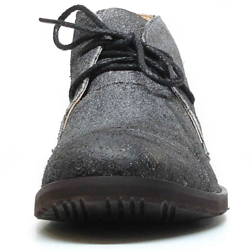 The FI-7002 Grey Encore by Fiesso Genuine Leather Boot features a dark gray suede finish, black laces, tan interior lining, and a dark rubber sole, displayed on a white background. Brand: Fiesso.
