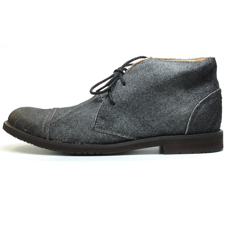 The FI-7002 Grey Encore by Fiesso Genuine Leather Boot features a dark gray suede finish, black laces, tan interior lining, and a dark rubber sole, displayed on a white background. Brand: Fiesso.