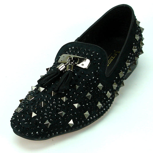 The FI-7005-2 Black With Spikes and Rhinestones Slip-On by Fiesso features black suede, sparkling rhinestones, bold spikes, black tassels, and a metallic front plate—a striking addition to men’s footwear.