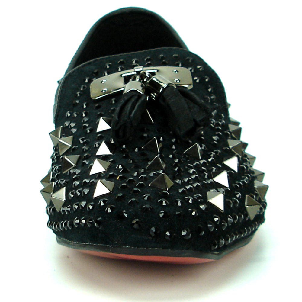 The FI-7005-2 Black With Spikes and Rhinestones Slip-On by Fiesso features black suede, sparkling rhinestones, bold spikes, black tassels, and a metallic front plate—a striking addition to men’s footwear.