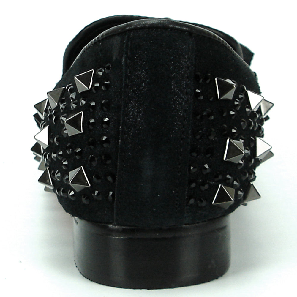 The FI-7005-2 Black With Spikes and Rhinestones Slip-On by Fiesso features black suede, sparkling rhinestones, bold spikes, black tassels, and a metallic front plate—a striking addition to men’s footwear.