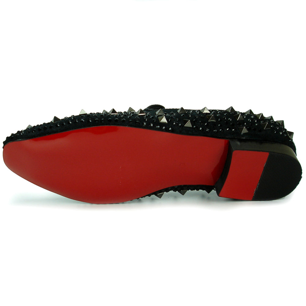 The FI-7005-2 Black With Spikes and Rhinestones Slip-On by Fiesso features black suede, sparkling rhinestones, bold spikes, black tassels, and a metallic front plate—a striking addition to men’s footwear.