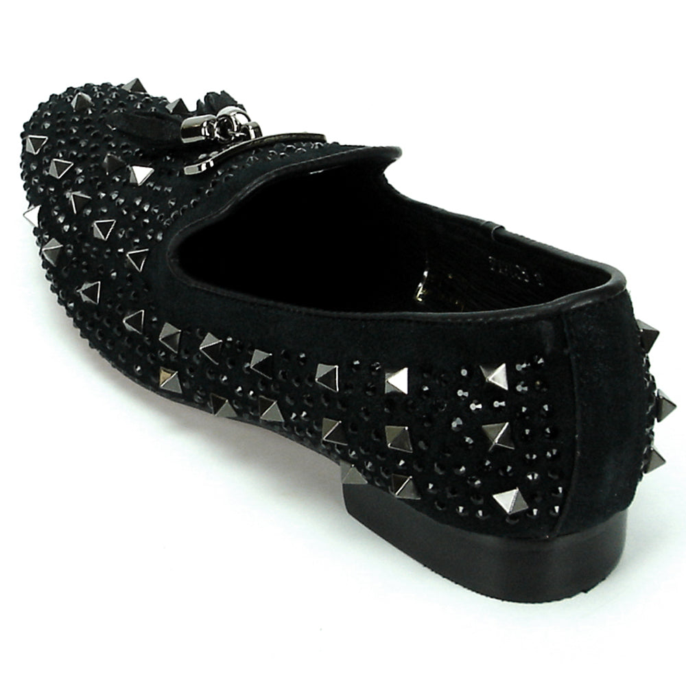 The FI-7005-2 Black With Spikes and Rhinestones Slip-On by Fiesso features black suede, sparkling rhinestones, bold spikes, black tassels, and a metallic front plate—a striking addition to men’s footwear.