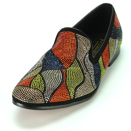 Introducing the FI-7068 Multi Color Fiesso by Aurelio Garcia, a handcrafted leather slip-on shoe for men from Fiesso. Decorated with vibrant abstract bead patterns in red, blue, orange, green, and gold on a sleek black base, these shoes make a bold statement and effortlessly elevate your style. Combining artistry and fashion in every step, they’re the perfect addition to any wardrobe.