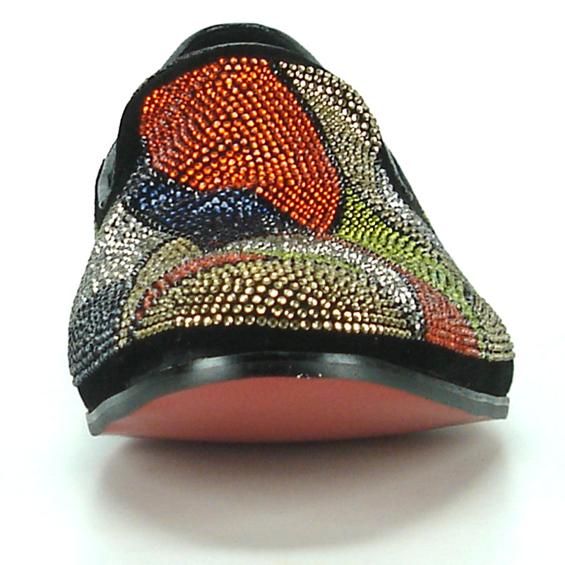Introducing the FI-7068 Multi Color Fiesso by Aurelio Garcia, a handcrafted leather slip-on shoe for men from Fiesso. Decorated with vibrant abstract bead patterns in red, blue, orange, green, and gold on a sleek black base, these shoes make a bold statement and effortlessly elevate your style. Combining artistry and fashion in every step, they’re the perfect addition to any wardrobe.