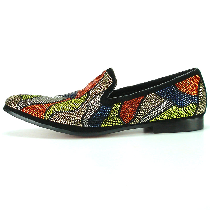 Introducing the FI-7068 Multi Color Fiesso by Aurelio Garcia, a handcrafted leather slip-on shoe for men from Fiesso. Decorated with vibrant abstract bead patterns in red, blue, orange, green, and gold on a sleek black base, these shoes make a bold statement and effortlessly elevate your style. Combining artistry and fashion in every step, they’re the perfect addition to any wardrobe.
