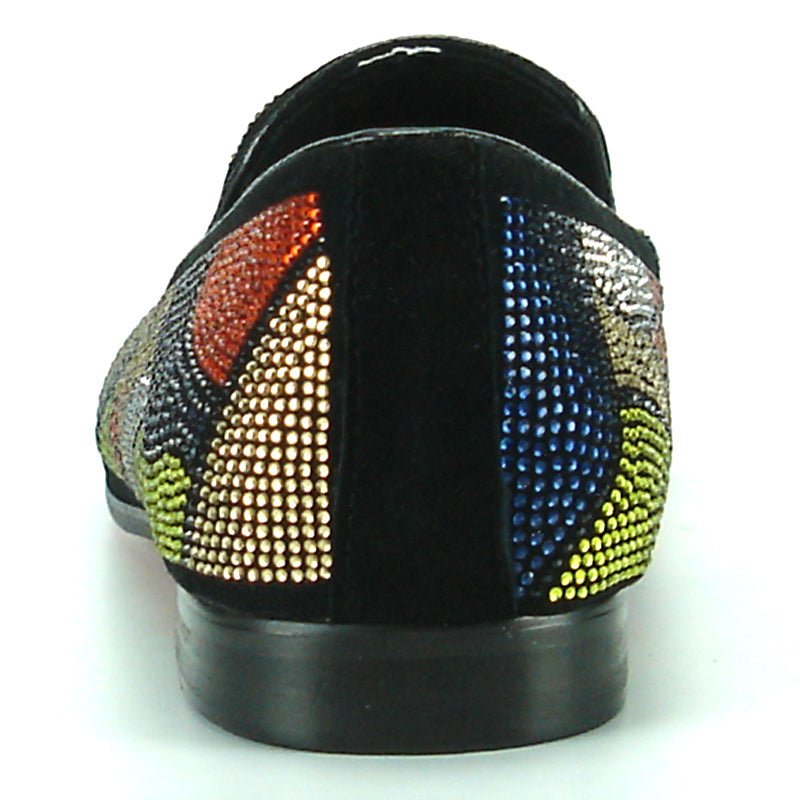 Introducing the FI-7068 Multi Color Fiesso by Aurelio Garcia, a handcrafted leather slip-on shoe for men from Fiesso. Decorated with vibrant abstract bead patterns in red, blue, orange, green, and gold on a sleek black base, these shoes make a bold statement and effortlessly elevate your style. Combining artistry and fashion in every step, they’re the perfect addition to any wardrobe.
