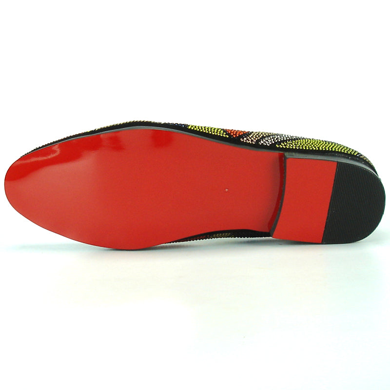 Introducing the FI-7068 Multi Color Fiesso by Aurelio Garcia, a handcrafted leather slip-on shoe for men from Fiesso. Decorated with vibrant abstract bead patterns in red, blue, orange, green, and gold on a sleek black base, these shoes make a bold statement and effortlessly elevate your style. Combining artistry and fashion in every step, they’re the perfect addition to any wardrobe.