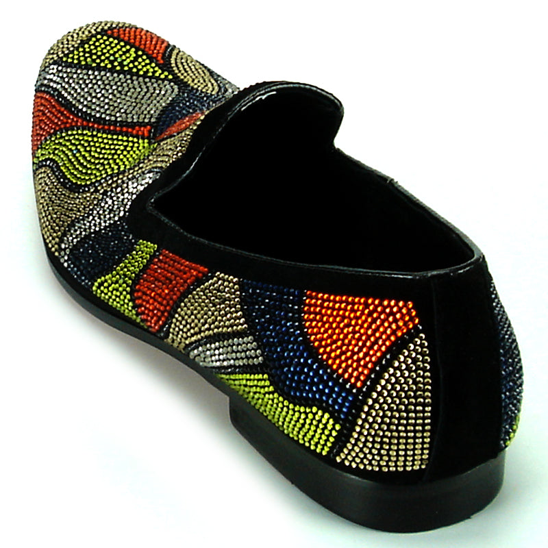 Introducing the FI-7068 Multi Color Fiesso by Aurelio Garcia, a handcrafted leather slip-on shoe for men from Fiesso. Decorated with vibrant abstract bead patterns in red, blue, orange, green, and gold on a sleek black base, these shoes make a bold statement and effortlessly elevate your style. Combining artistry and fashion in every step, they’re the perfect addition to any wardrobe.