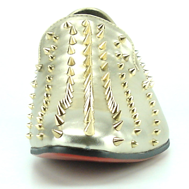 Step into style with the FI-7107 Gold Fiesso by Aurelio Garcia—a metallic gold leather slip-on dress shoe from Fiesso, featuring numerous gold spikes on the upper and heel. Photographed against a white background, this striking pair makes an exceptional choice for men’s fashion shoes.