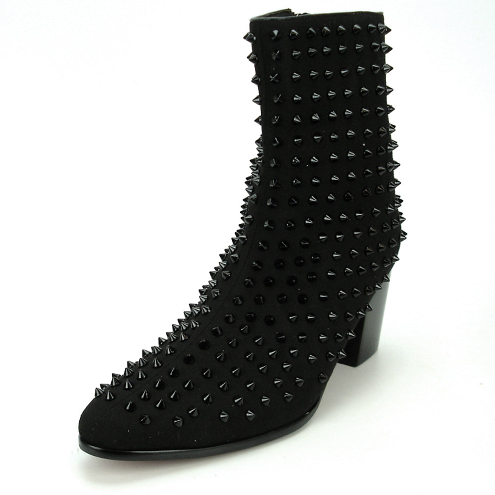 The FI-7142 Black Suede Boot by Fiesso features black spikes, a Cuban heel, and a side zipper—an edgy men's fashion boot from Fiesso by Aurelio Garcia, shown on a white background.