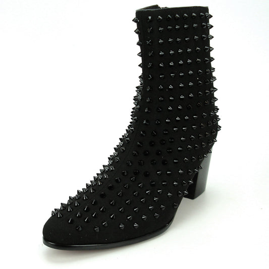 The FI-7142 Black Suede Boot by Fiesso features black spikes, a Cuban heel, and a side zipper—an edgy men's fashion boot from Fiesso by Aurelio Garcia, shown on a white background.