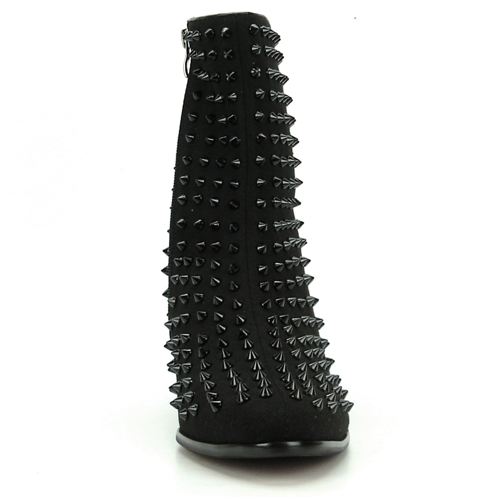 The FI-7142 Black Suede Boot by Fiesso features black spikes, a Cuban heel, and a side zipper—an edgy men's fashion boot from Fiesso by Aurelio Garcia, shown on a white background.
