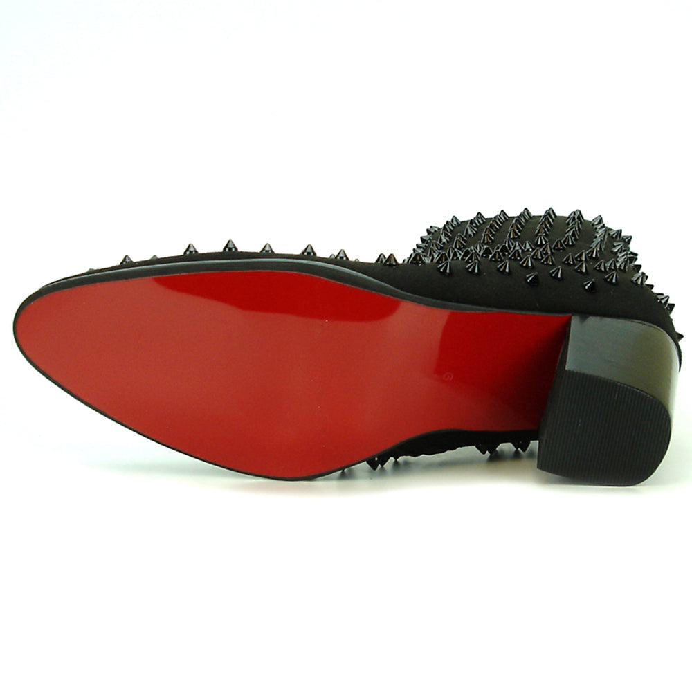 The FI-7142 Black Suede Boot by Fiesso features black spikes, a Cuban heel, and a side zipper—an edgy men's fashion boot from Fiesso by Aurelio Garcia, shown on a white background.