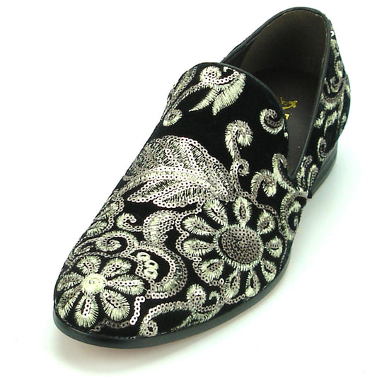 The FI-7207 Black Suede with Sequins Slip on Loafer by Fiesso features intricate silver sequin embroidery in floral and leaf designs, elevating men’s fashion with handcrafted suede and leather details.