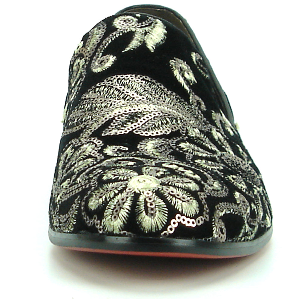 The FI-7207 Black Suede with Sequins Slip on Loafer by Fiesso features intricate silver sequin embroidery in floral and leaf designs, elevating men’s fashion with handcrafted suede and leather details.