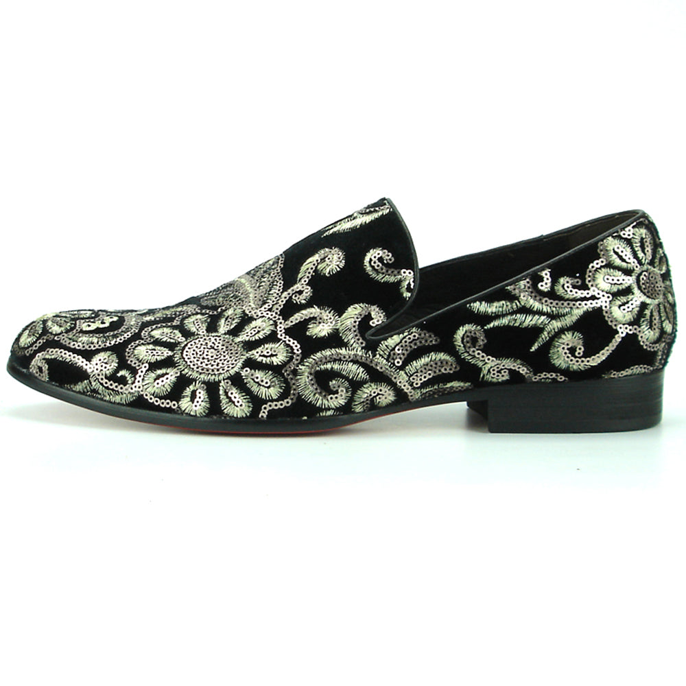 The FI-7207 Black Suede with Sequins Slip on Loafer by Fiesso features intricate silver sequin embroidery in floral and leaf designs, elevating men’s fashion with handcrafted suede and leather details.